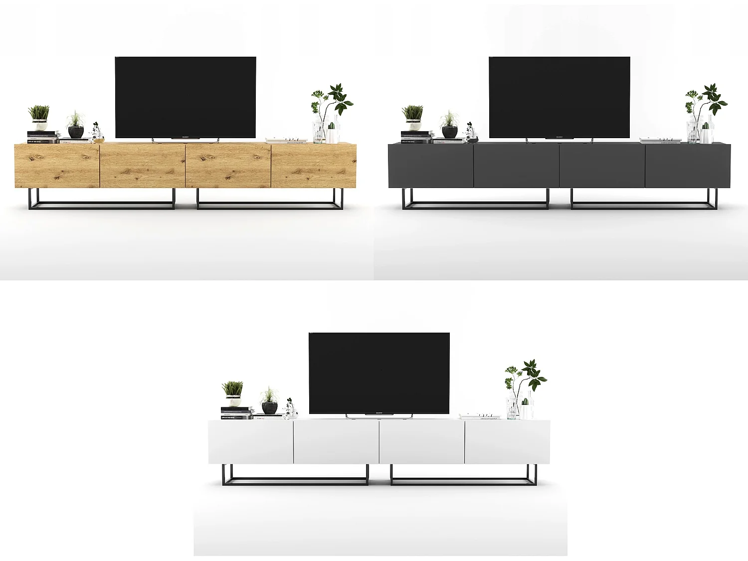 TV-meubel met 4 deuren - romp artisan eiken mat, fronten artisan eiken mat - 240 cm, zwart metalen frame