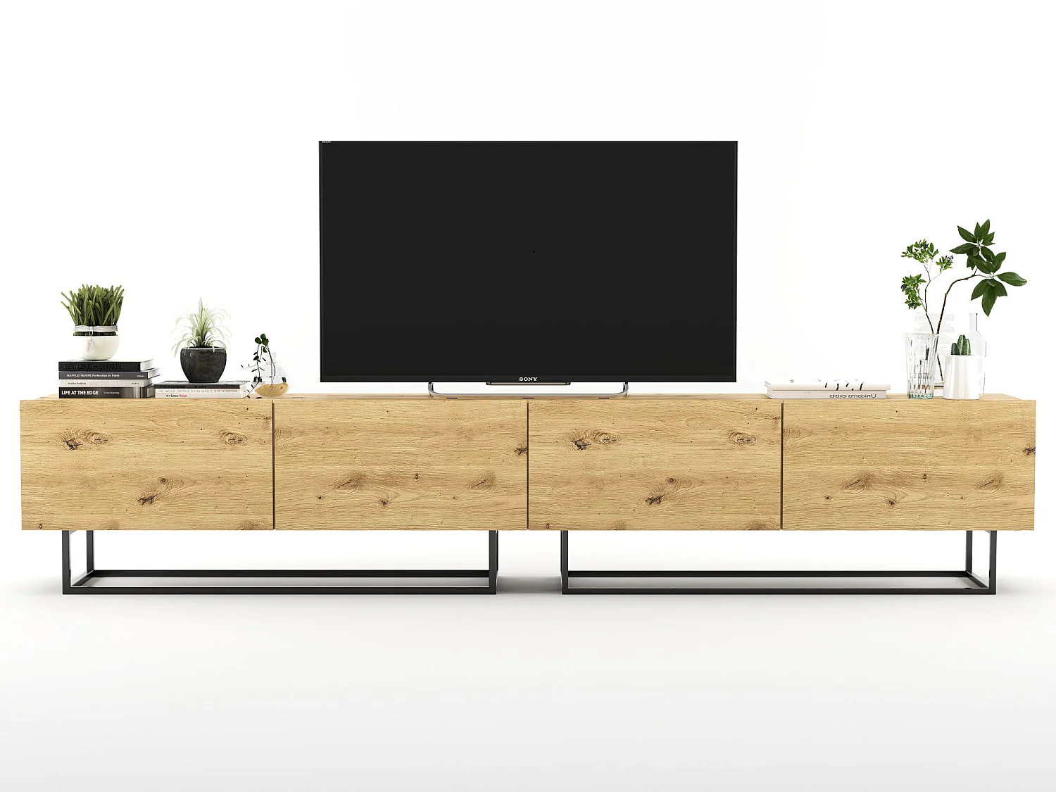 TV-meubel met 4 deuren - romp artisan eiken mat, fronten artisan eiken mat - 240 cm, zwart metalen frame