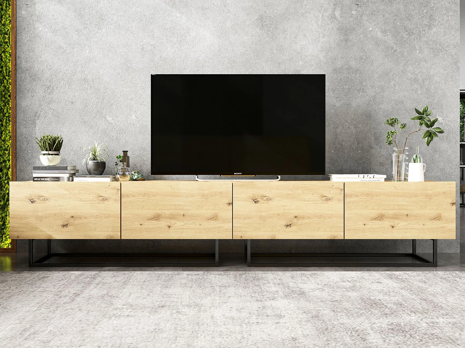 TV-meubel met 4 deuren - romp artisan eiken mat, fronten artisan eiken mat - 240 cm, zwart metalen frame