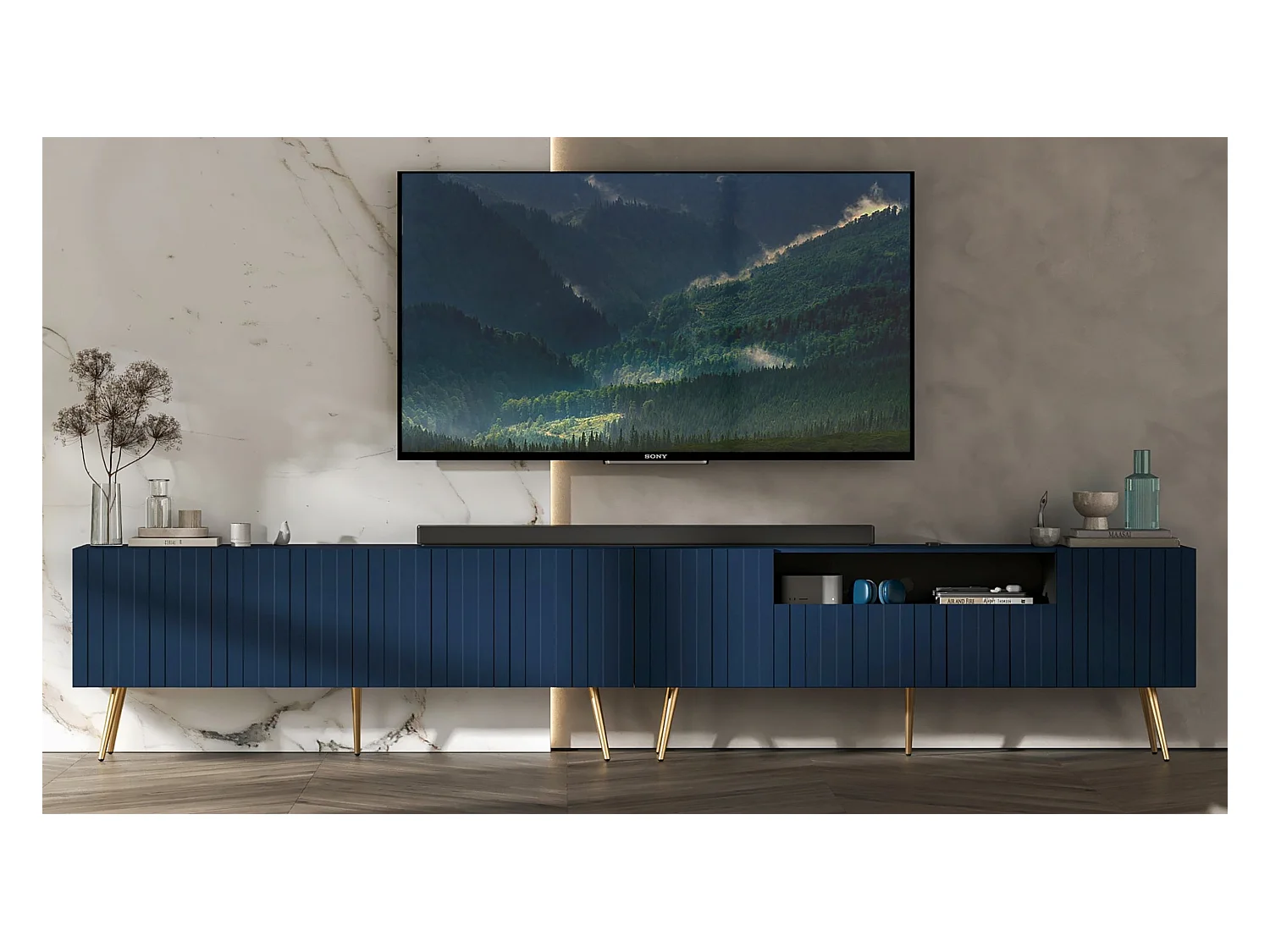 Meuble TV avec 7 portes et niche - Corps bleu marine mat, façades rainurées bleu marine mat - 300 cm, pieds dorés