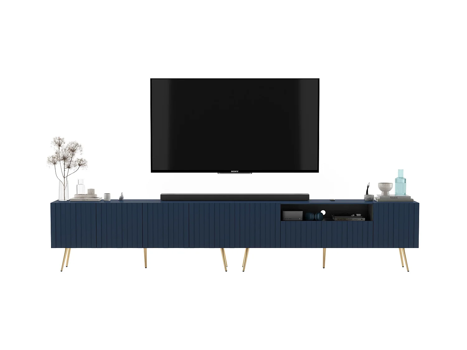 Meuble TV avec 7 portes et niche - Corps bleu marine mat, façades rainurées bleu marine mat - 300 cm, pieds dorés