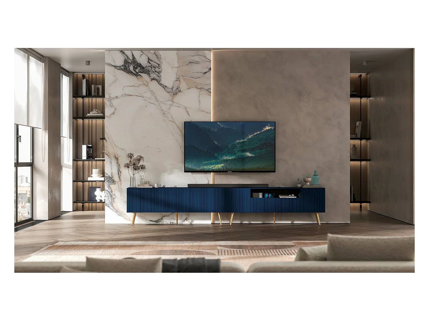 Meuble TV avec 7 portes et niche - Corps bleu marine mat, façades rainurées bleu marine mat - 300 cm, pieds dorés