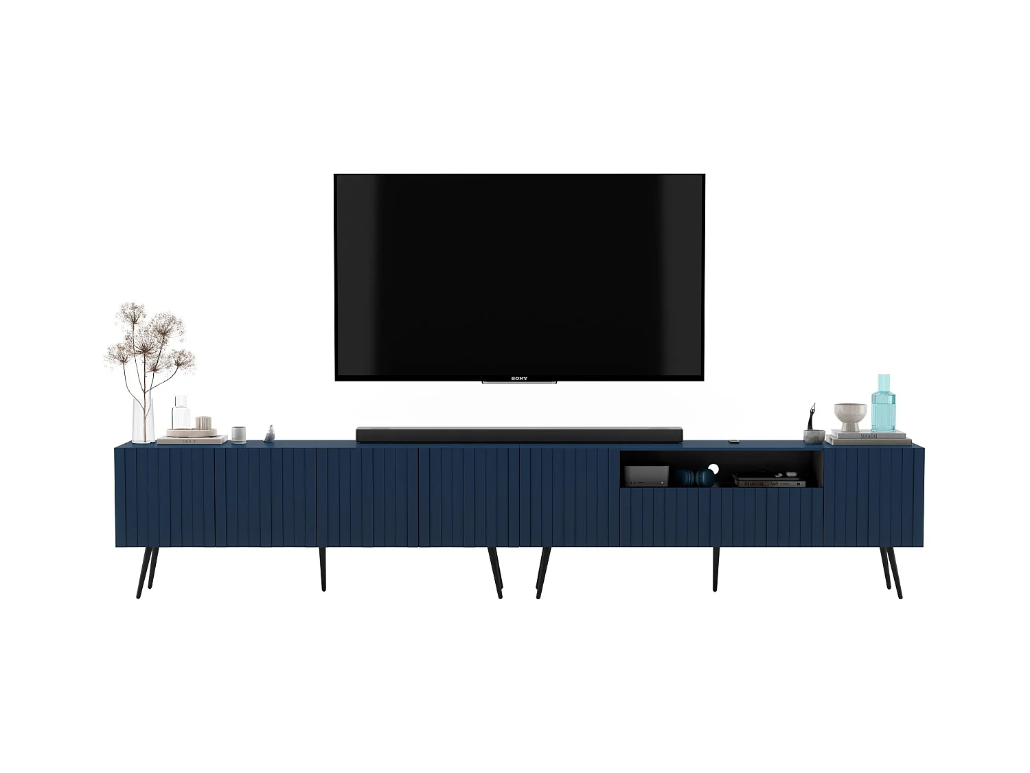 Meuble TV avec 7 portes et niche - Corps bleu marine mat, façades rainurées bleu marine mat - 300 cm, pieds dorés