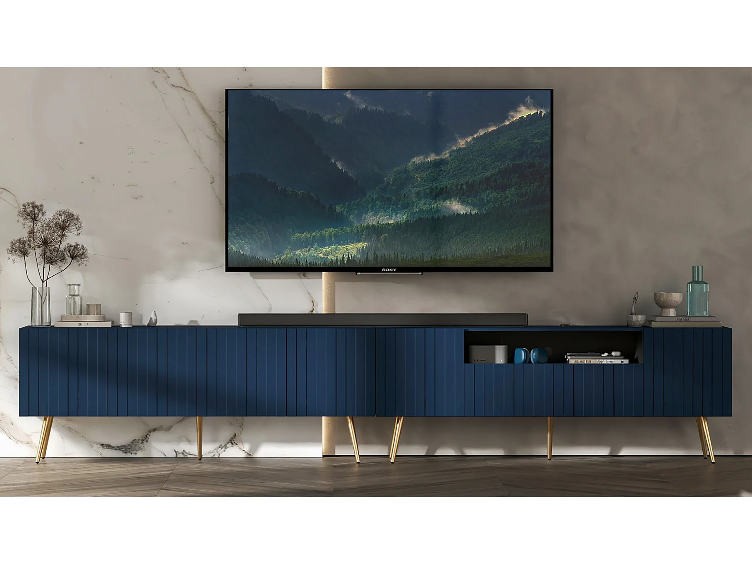 Meuble TV avec 7 portes et niche - Corps bleu marine mat, façades rainurées bleu marine mat - 300 cm, pieds dorés