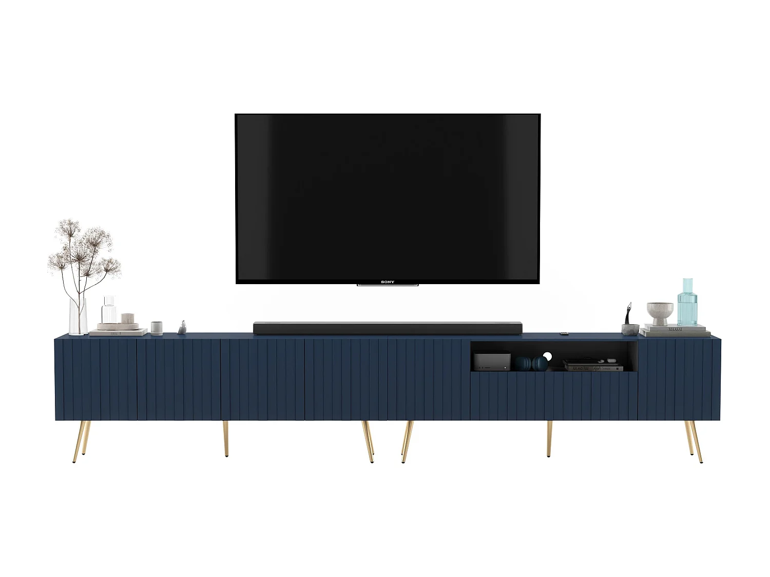 Meuble TV avec 7 portes et niche - Corps bleu marine mat, façades rainurées bleu marine mat - 300 cm, pieds dorés