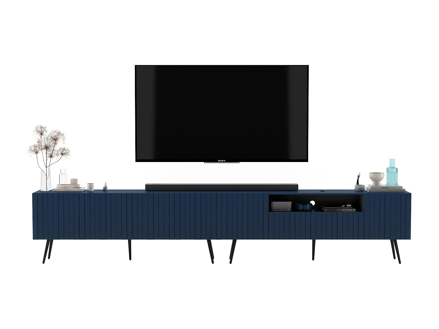 Meuble TV avec 7 portes et niche - Corps bleu marine mat, façades rainurées bleu marine mat - 300 cm, pieds dorés