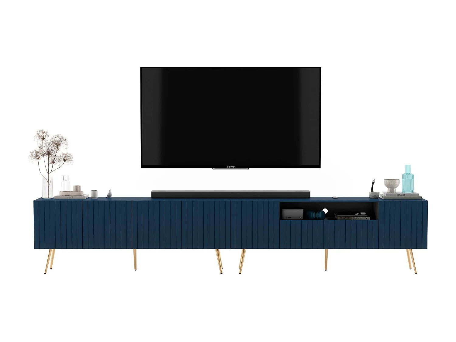 Mobile TV con 7 ante e vano a giorno – Struttura blu navy opaco, frontali scanalati blu navy opaco – 300 cm, piedini dorati