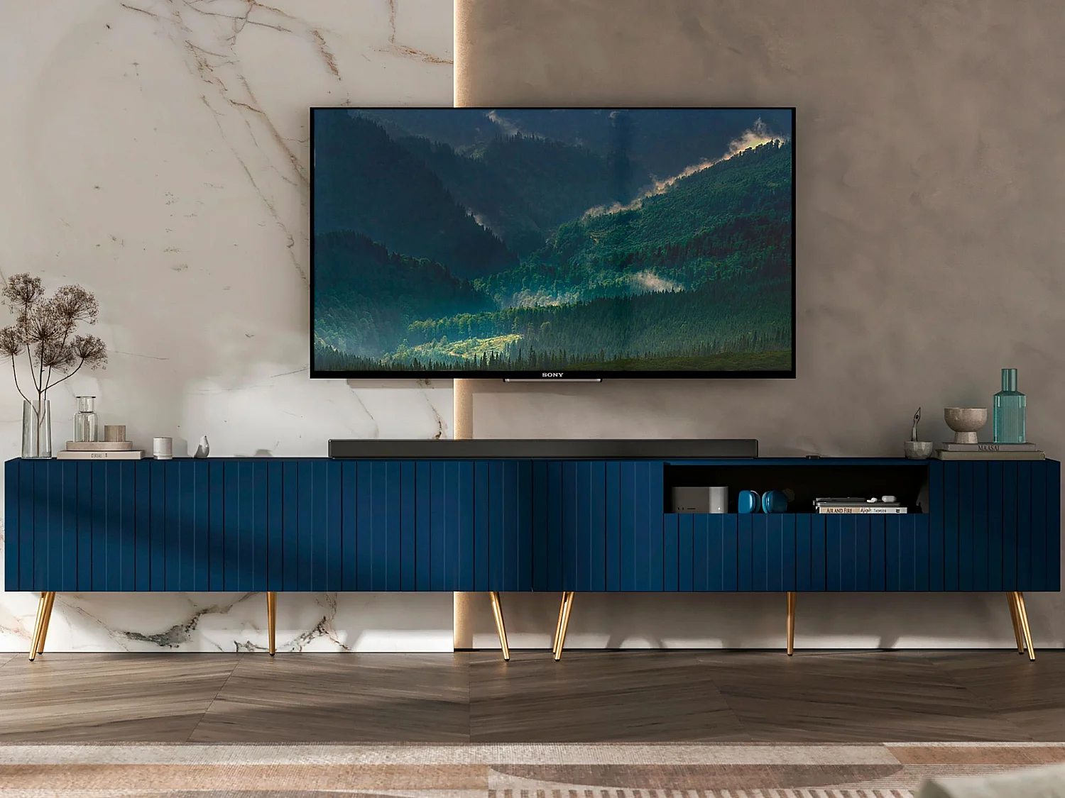 Mobile TV con 7 ante e vano a giorno – Struttura blu navy opaco, frontali scanalati blu navy opaco – 300 cm, piedini dorati