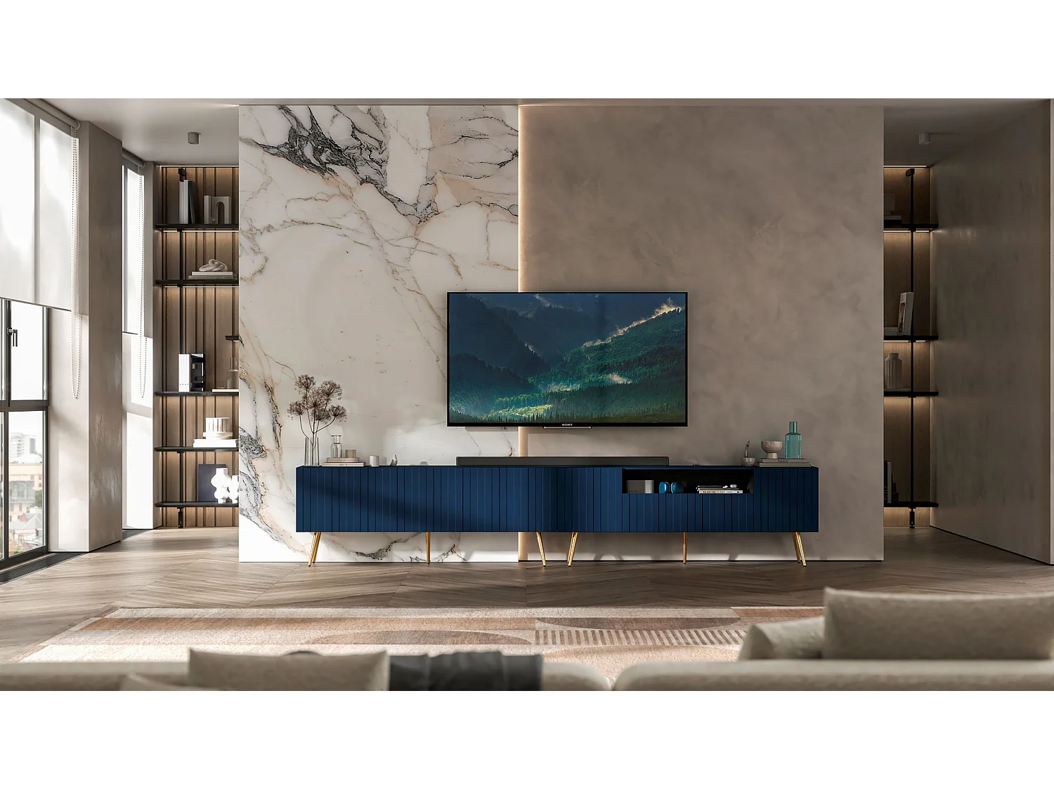 Mobile TV con 7 ante e vano a giorno – Struttura blu navy opaco, frontali scanalati blu navy opaco – 300 cm, piedini dorati