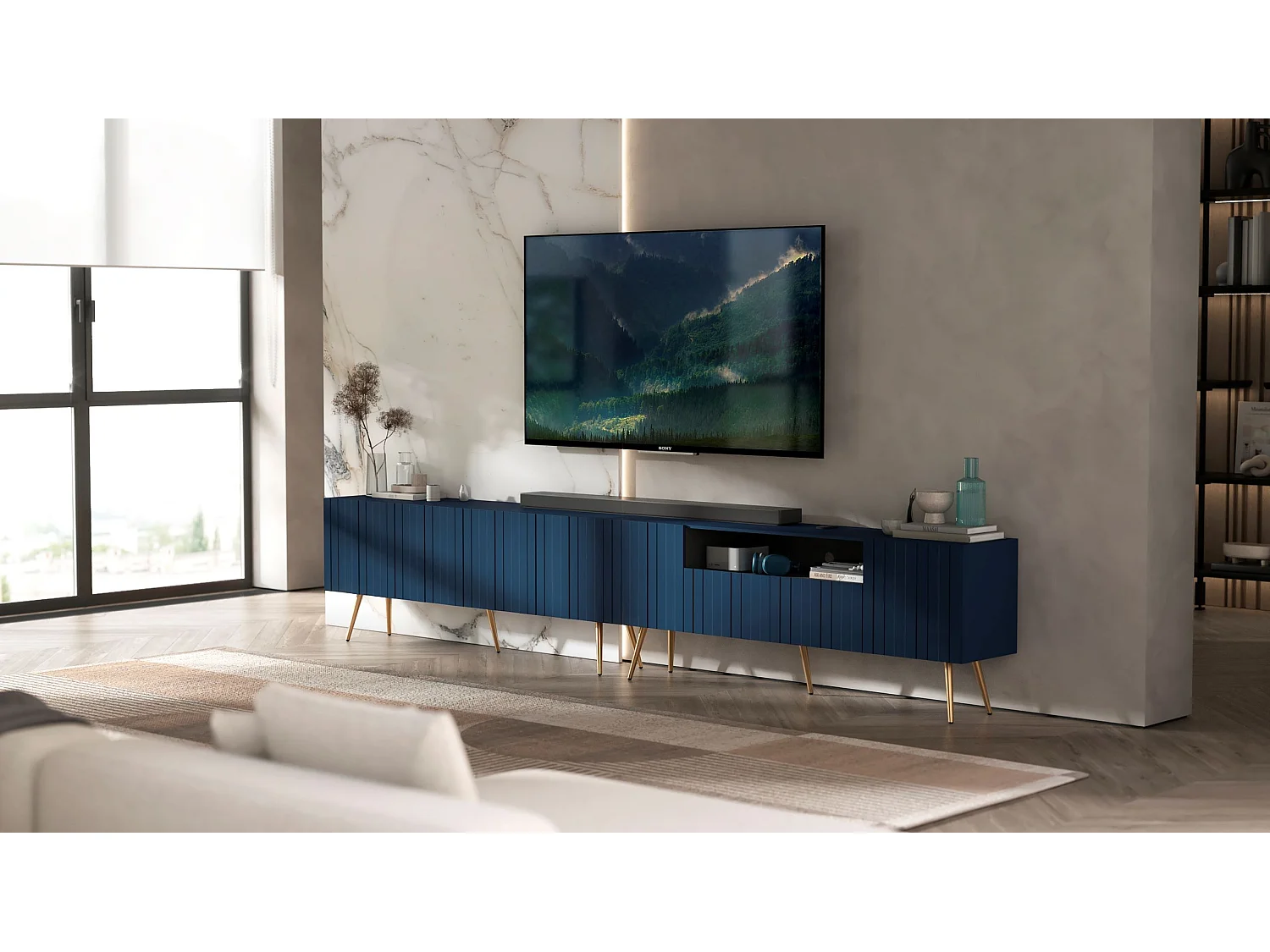 Mobile TV con 7 ante e vano a giorno – Struttura blu navy opaco, frontali scanalati blu navy opaco – 300 cm, piedini dorati