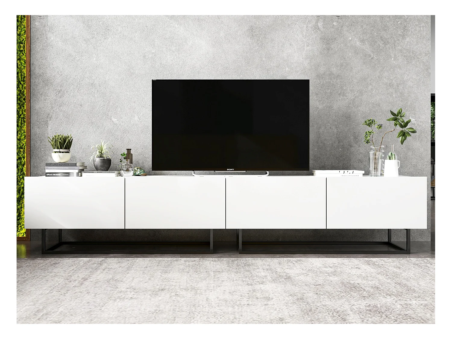 Meuble TV avec 4 portes - corps Blanc mat, façades Blanc mat - 240 cm, Cadre en métal noir