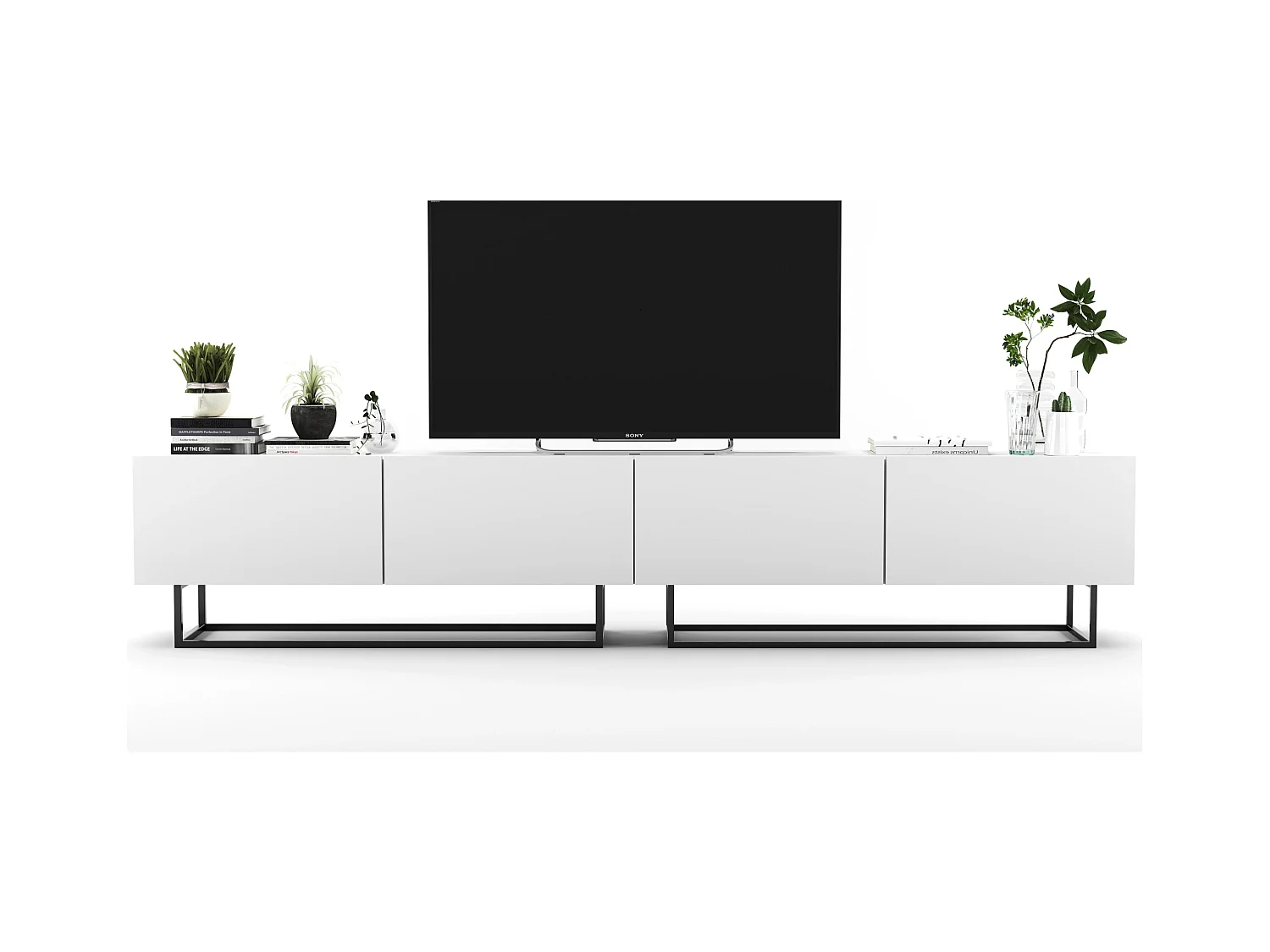 Meuble TV avec 4 portes - corps Blanc mat, façades Blanc mat - 240 cm, Cadre en métal noir