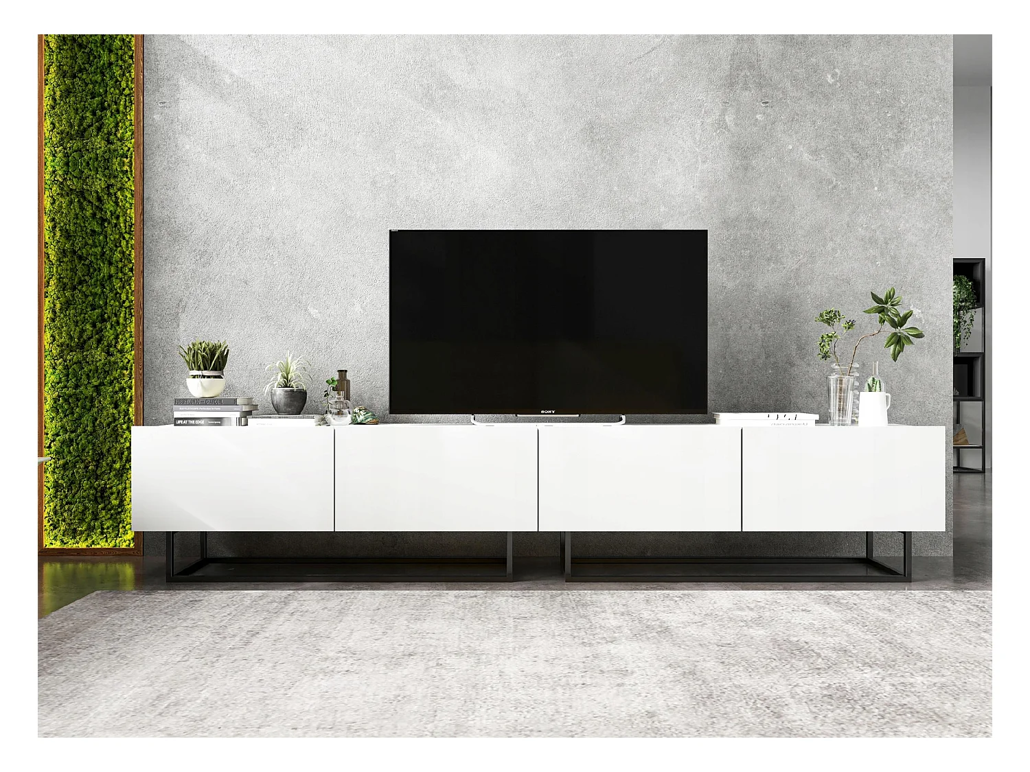 Meuble TV avec 4 portes - corps Blanc mat, façades Blanc mat - 240 cm, Cadre en métal noir