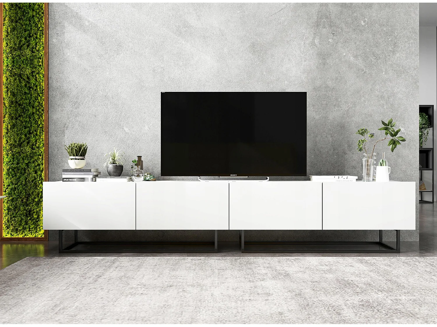 Meuble TV avec 4 portes - corps Blanc mat, façades Blanc mat - 240 cm, Cadre en métal noir