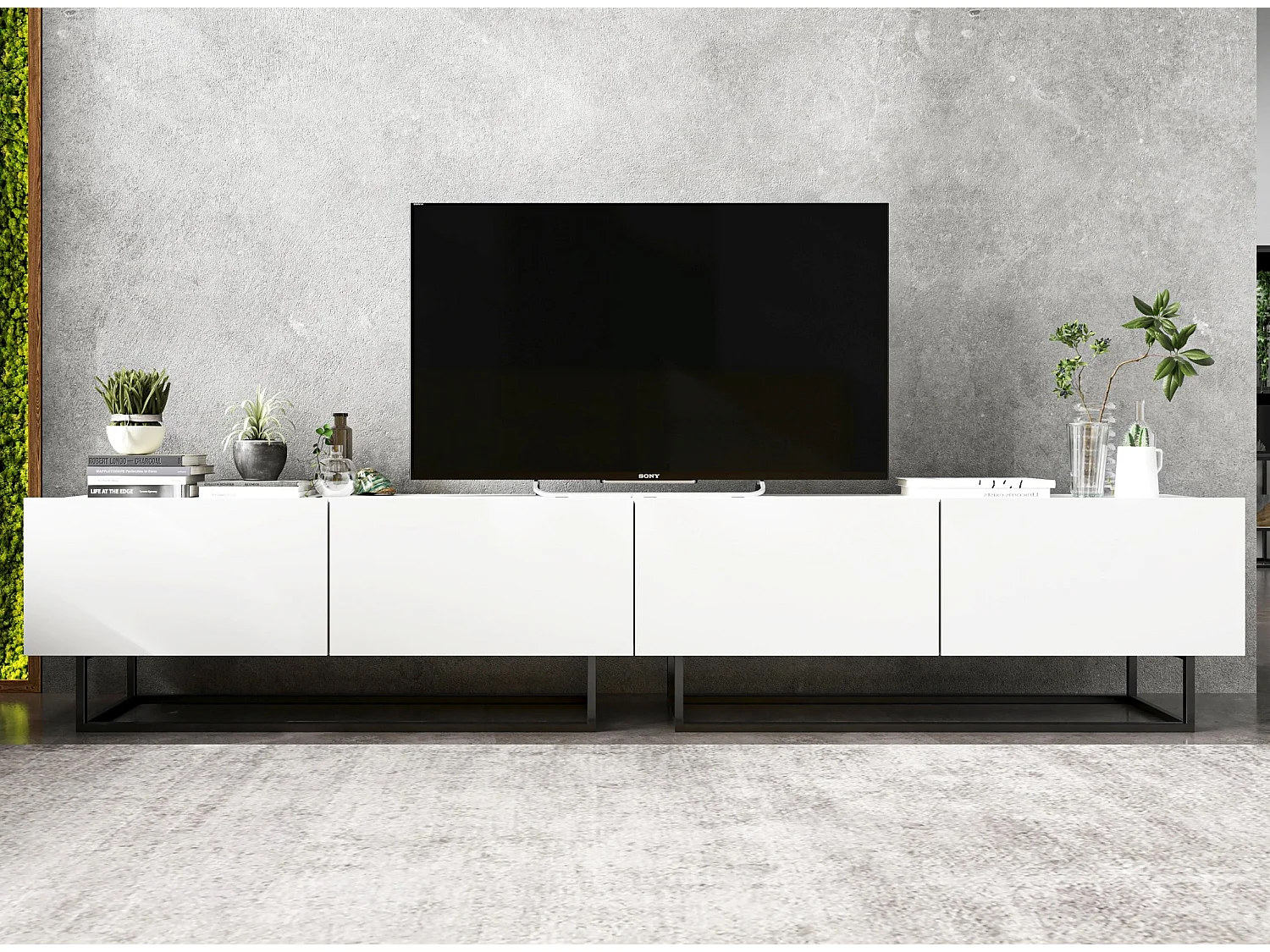 Móvel de TV com 4 portas - Estrutura branco mate, frentes branco mate - 240 cm, estrutura em metal preto