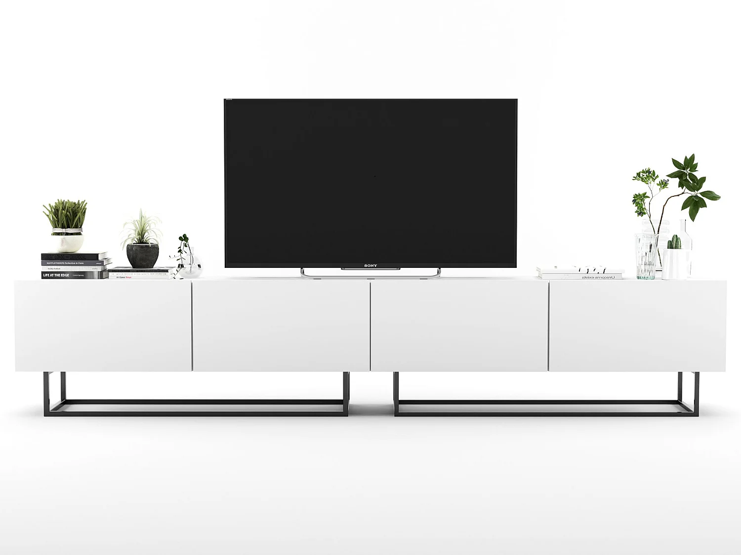 Móvel de TV com 4 portas - Estrutura branco mate, frentes branco mate - 240 cm, estrutura em metal preto