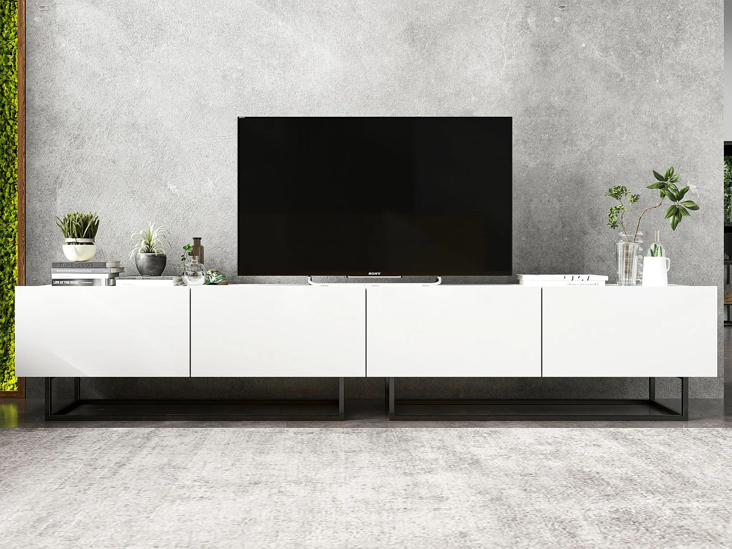 Móvel de TV com 4 portas - Estrutura branco mate, frentes branco mate - 240 cm, estrutura em metal preto