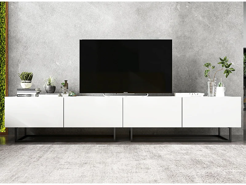 Meuble TV avec 4 portes - corps Blanc mat, façades Blanc mat - 240 cm, Cadre en métal noir