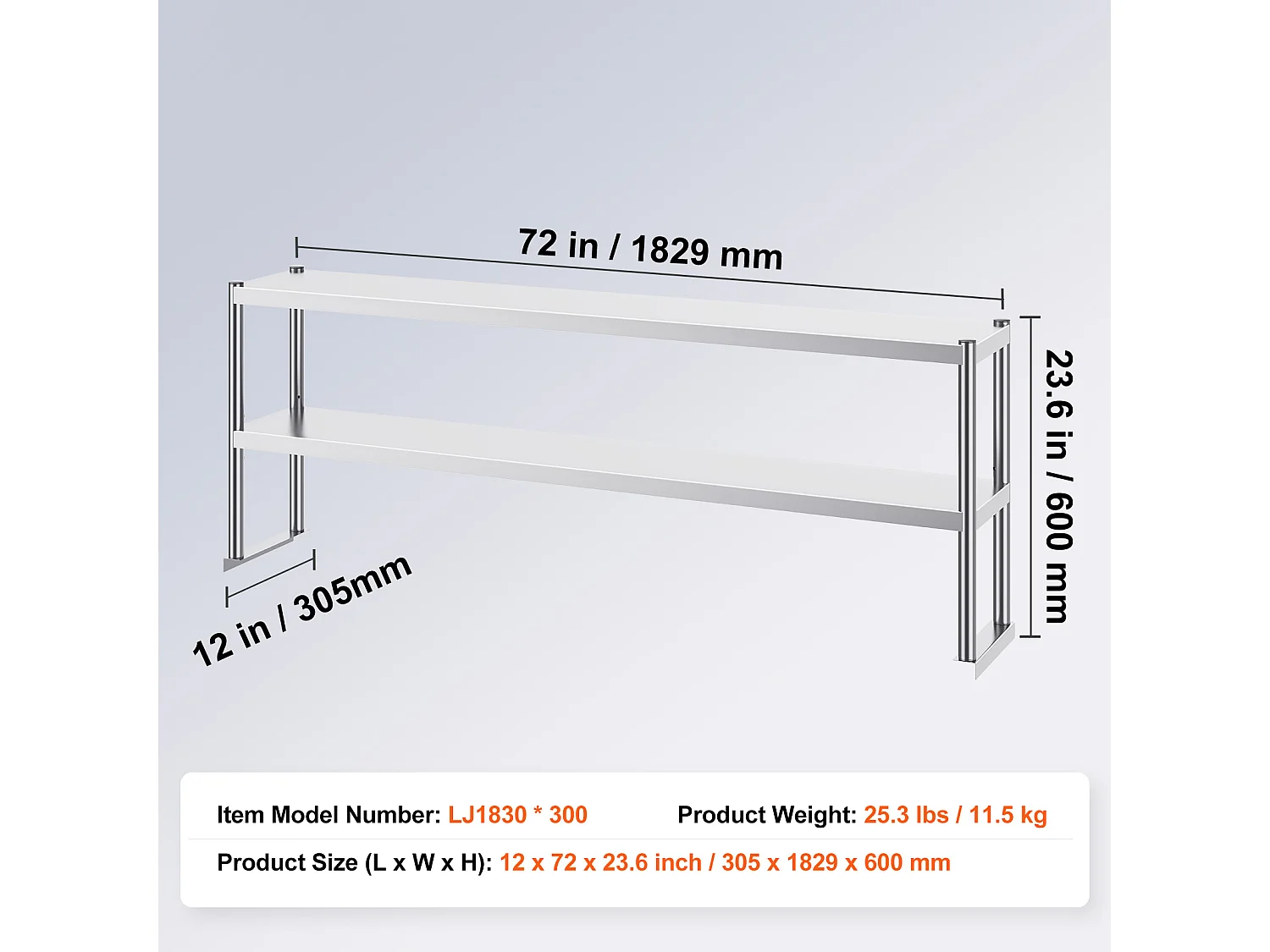 Table de Travail Cuisine SucceBuy, 30,5 x 182,9 cm, 2 Niveaux, en Acier Inoxydable, pour la Préparation en Cuisine, au Restaurant et en Atelier