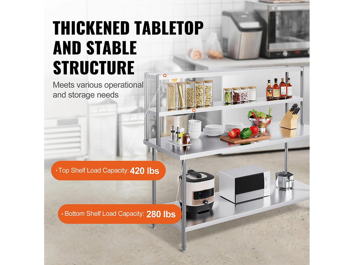 Table de Travail Cuisine SucceBuy, 30,5 x 182,9 cm, 2 Niveaux, en Acier Inoxydable, pour la Préparation en Cuisine, au Restaurant et en Atelier