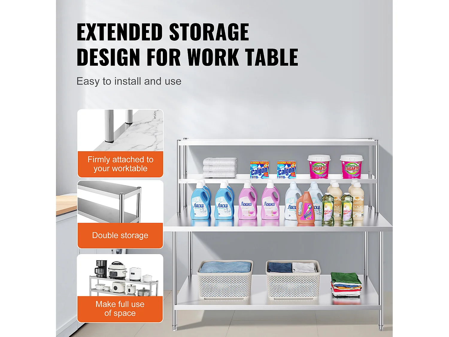 Table de Travail Cuisine SucceBuy, 30,5 x 182,9 cm, 2 Niveaux, en Acier Inoxydable, pour la Préparation en Cuisine, au Restaurant et en Atelier