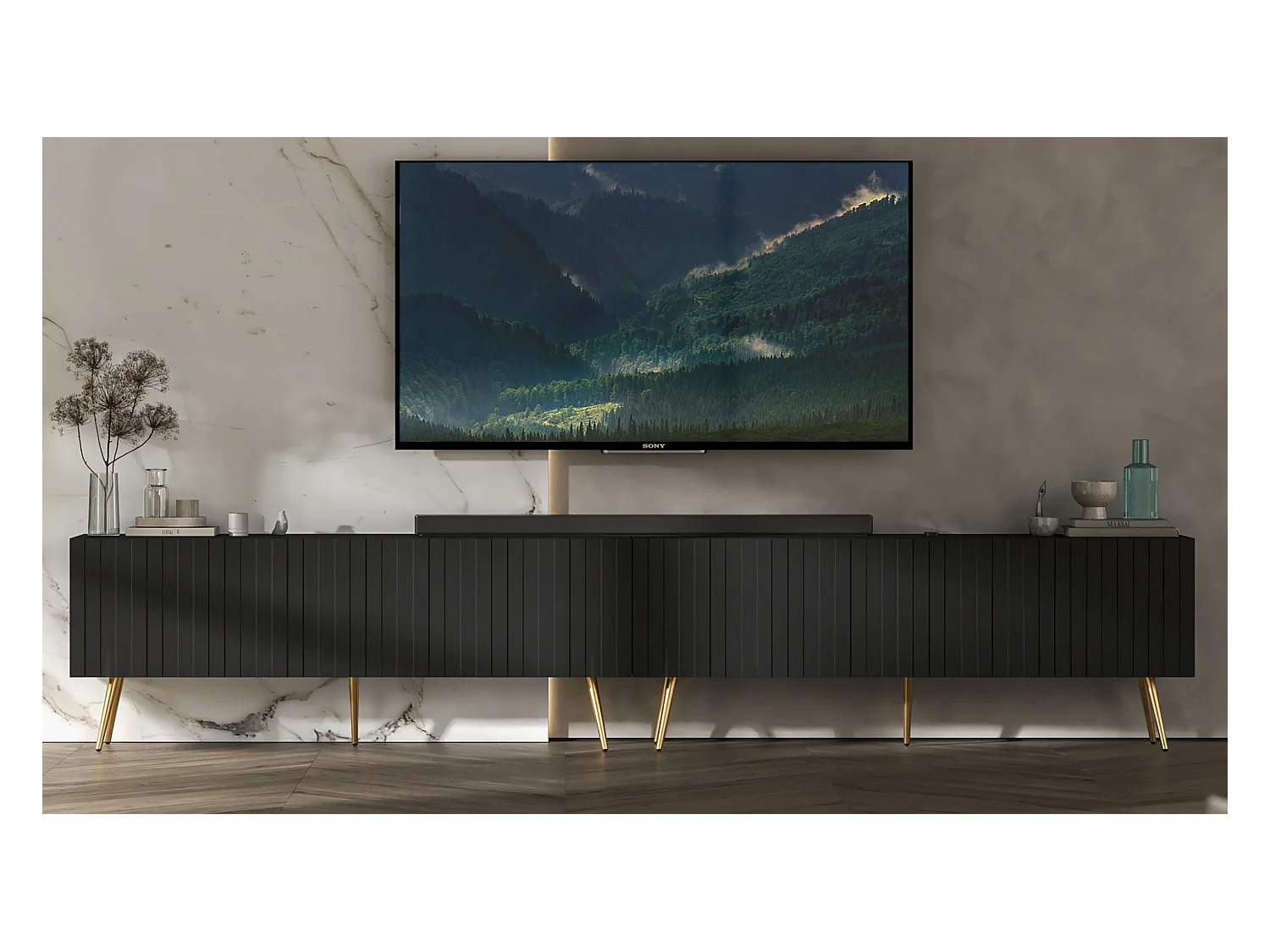 Meuble TV avec 8 portes - Corps Noir mat, façades rainurées Noir mat - 300 cm, pieds dorés