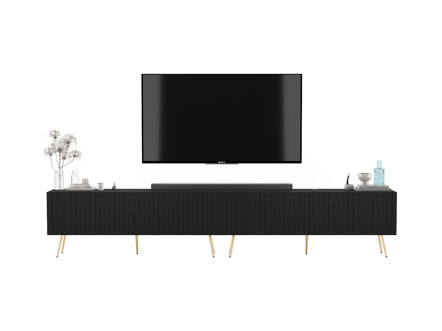 Meuble TV avec 8 portes - Corps Noir mat, façades rainurées Noir mat - 300 cm, pieds dorés