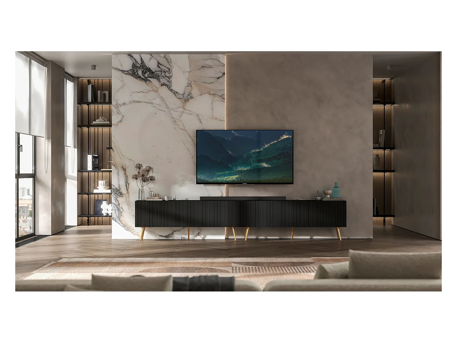 Meuble TV avec 8 portes - Corps Noir mat, façades rainurées Noir mat - 300 cm, pieds dorés