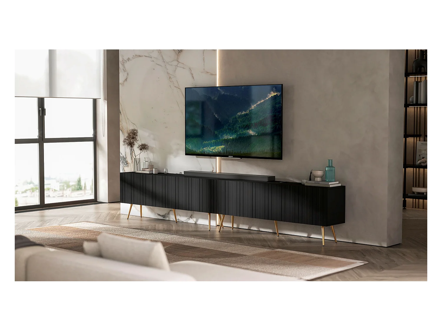 Meuble TV avec 8 portes - Corps Noir mat, façades rainurées Noir mat - 300 cm, pieds dorés