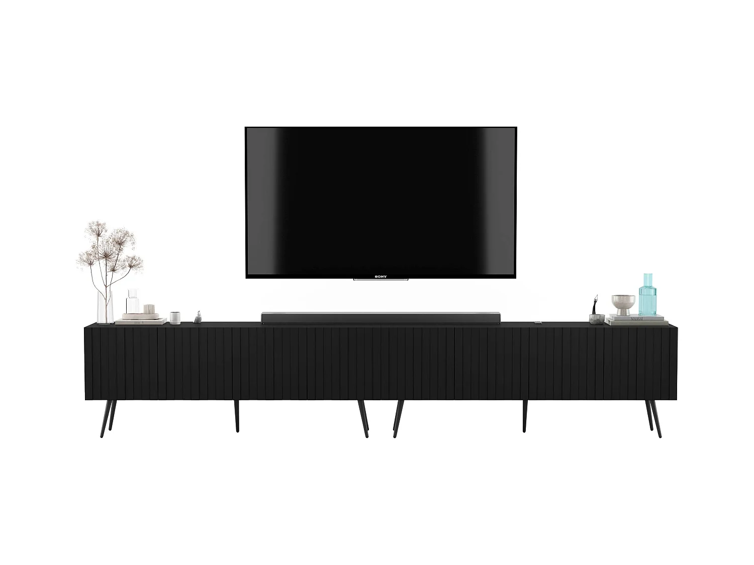 Meuble TV avec 8 portes - Corps Noir mat, façades rainurées Noir mat - 300 cm, pieds dorés