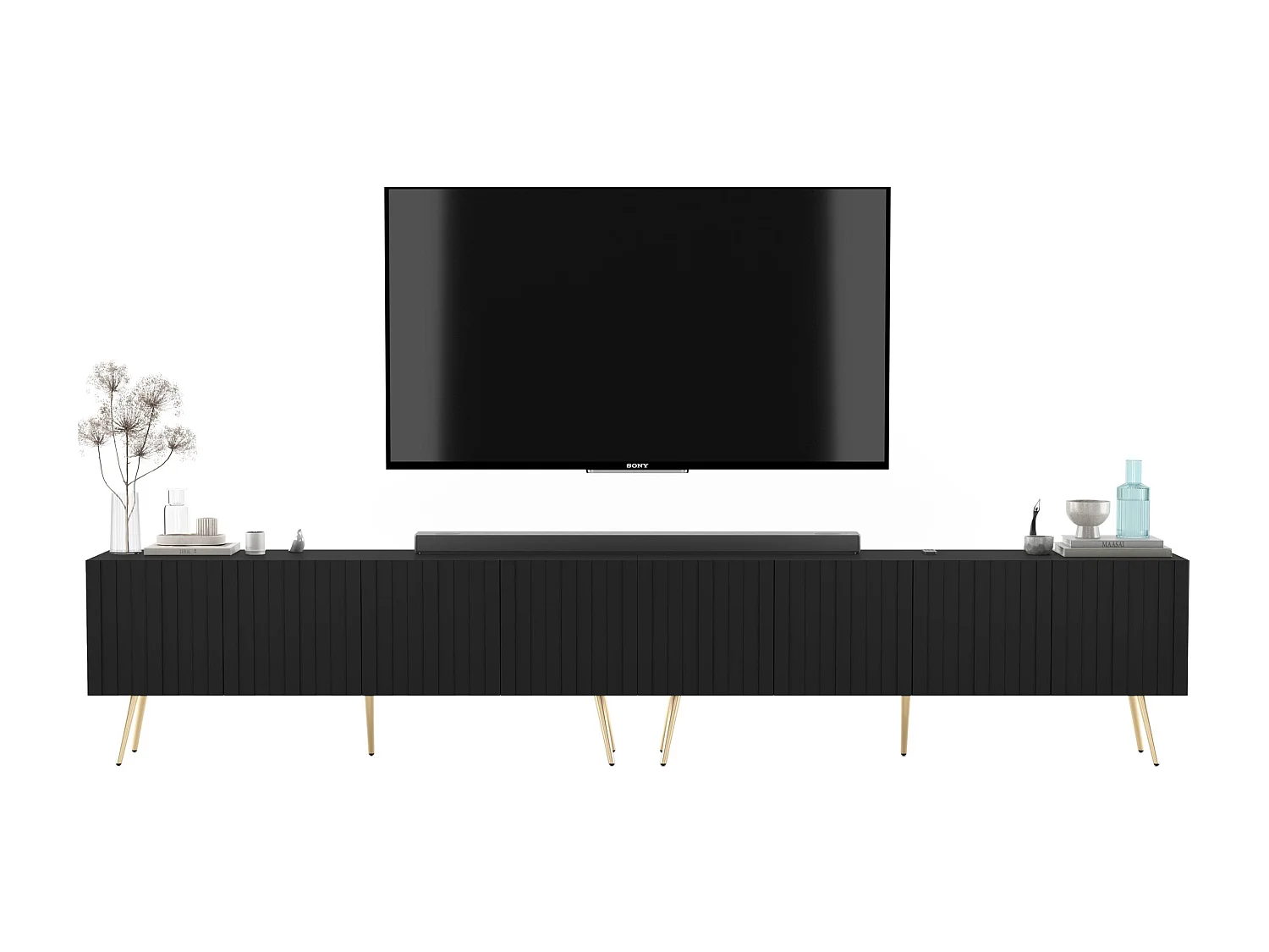 Meuble TV avec 8 portes - Corps Noir mat, façades rainurées Noir mat - 300 cm, pieds dorés