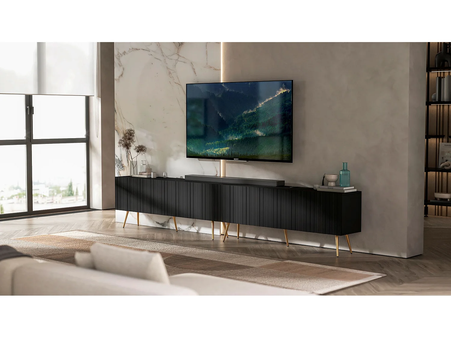 Meuble TV avec 8 portes - Corps Noir mat, façades rainurées Noir mat - 300 cm, pieds dorés
