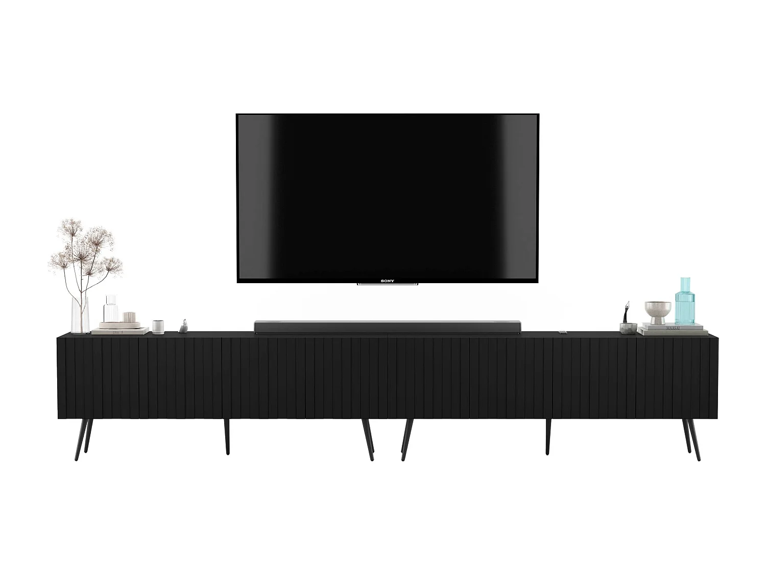 Meuble TV avec 8 portes - Corps Noir mat, façades rainurées Noir mat - 300 cm, pieds dorés