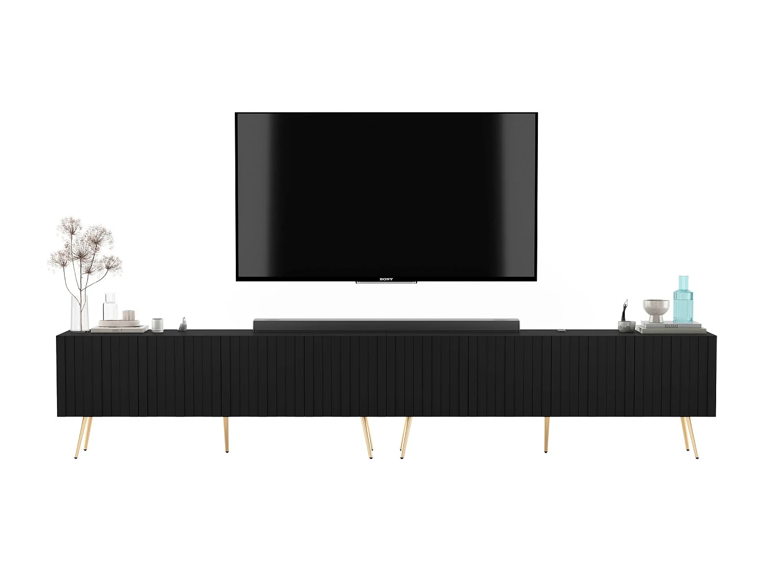 TV-meubel met 8 deuren - Romp mat zwart, geribbelde fronten mat zwart - 300 cm, gouden poten