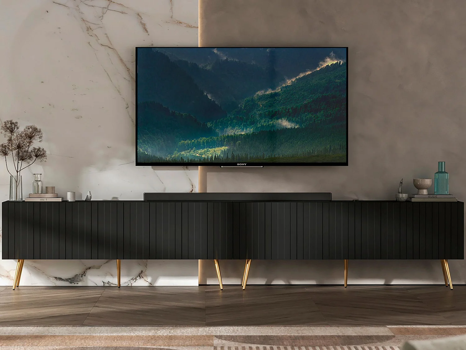 TV-meubel met 8 deuren - Romp mat zwart, geribbelde fronten mat zwart - 300 cm, gouden poten