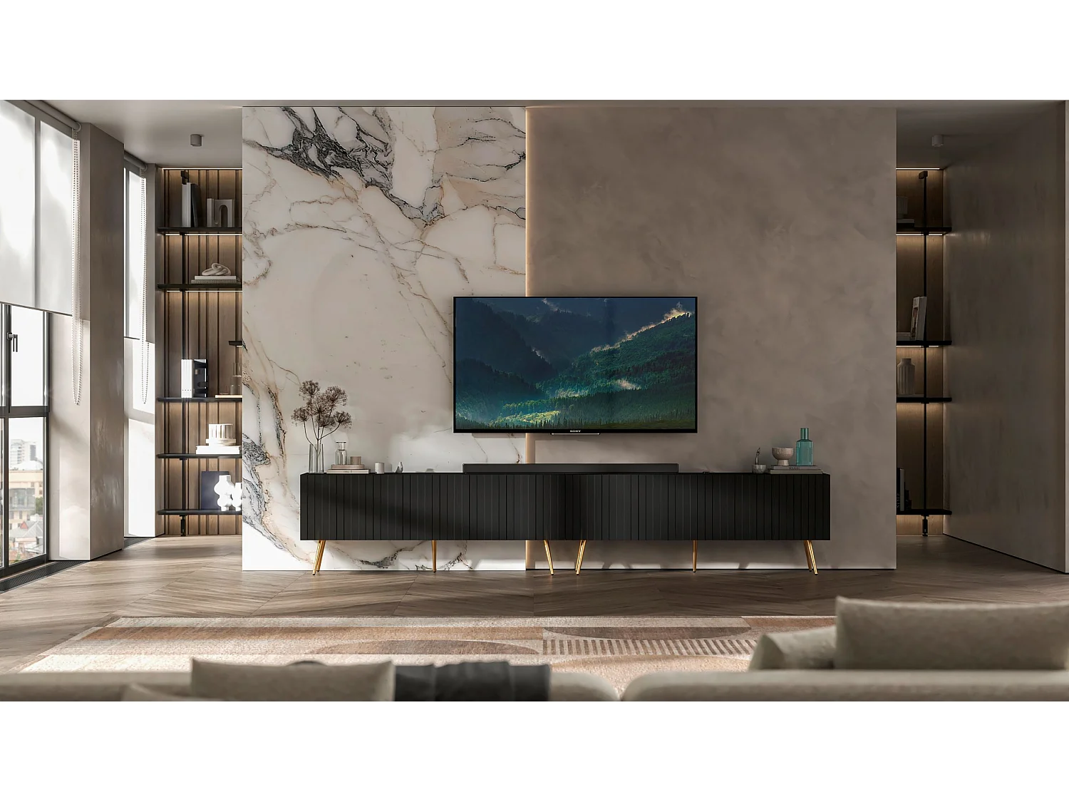 TV-meubel met 8 deuren - Romp mat zwart, geribbelde fronten mat zwart - 300 cm, gouden poten