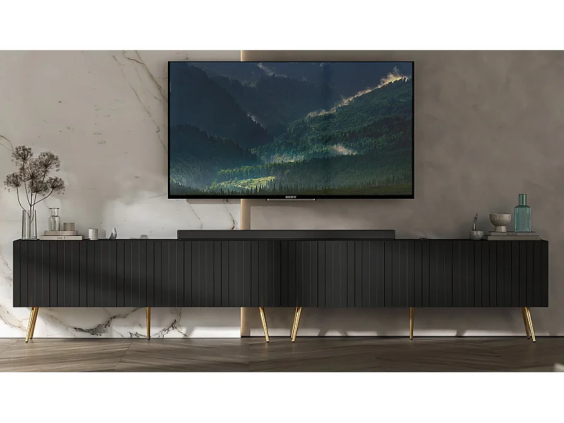 Meuble TV avec 8 portes - Corps Noir mat, façades rainurées Noir mat - 300 cm, pieds dorés