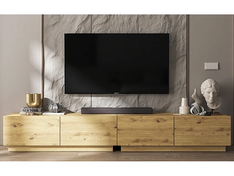 Meuble TV avec 4 portes - corps Artisan Chêne mat, façades Artisan Chêne mat - 240 cm, sur socle