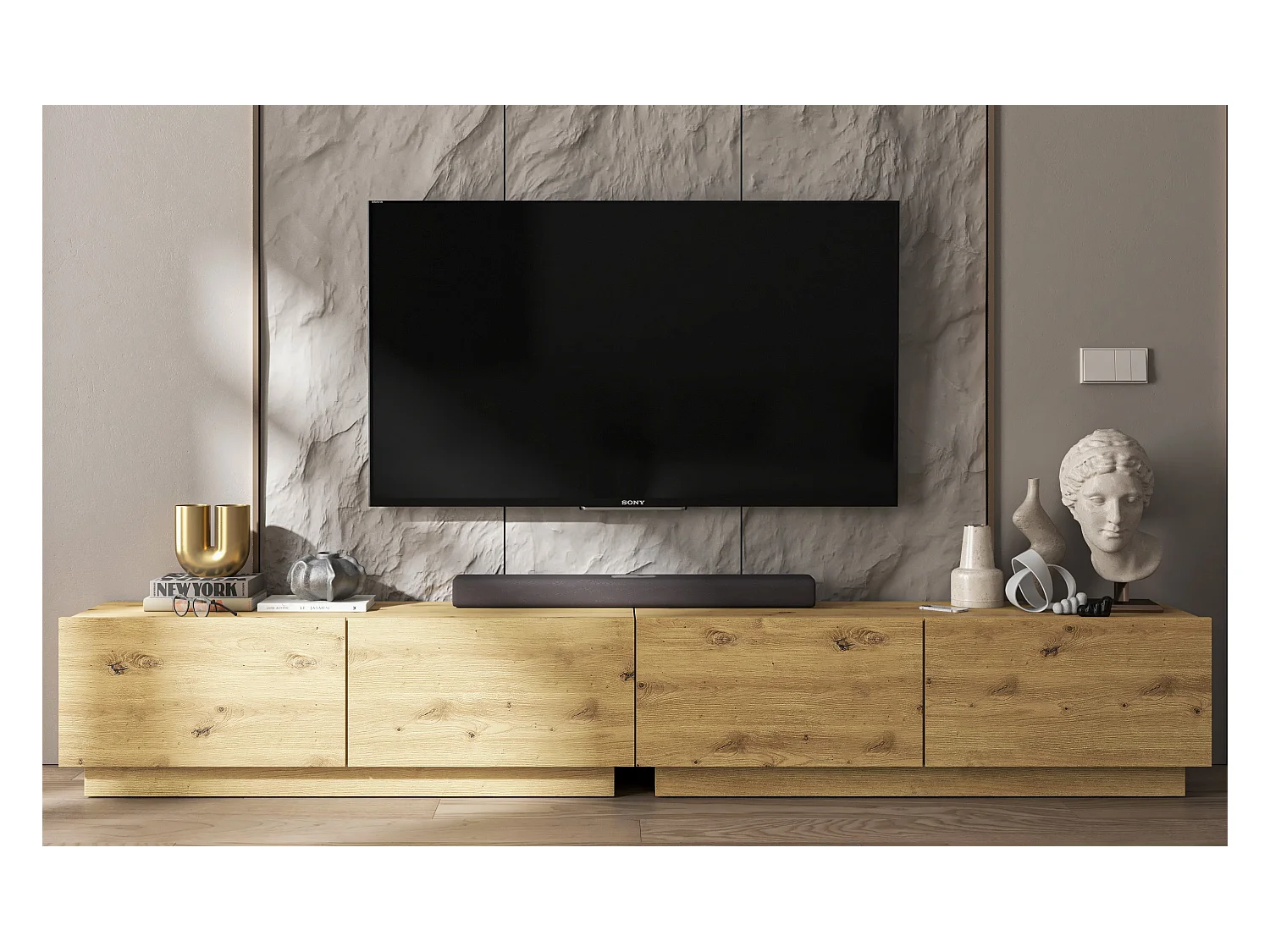 Meuble TV avec 4 portes - corps Artisan Chêne mat, façades Artisan Chêne mat - 240 cm, sur socle