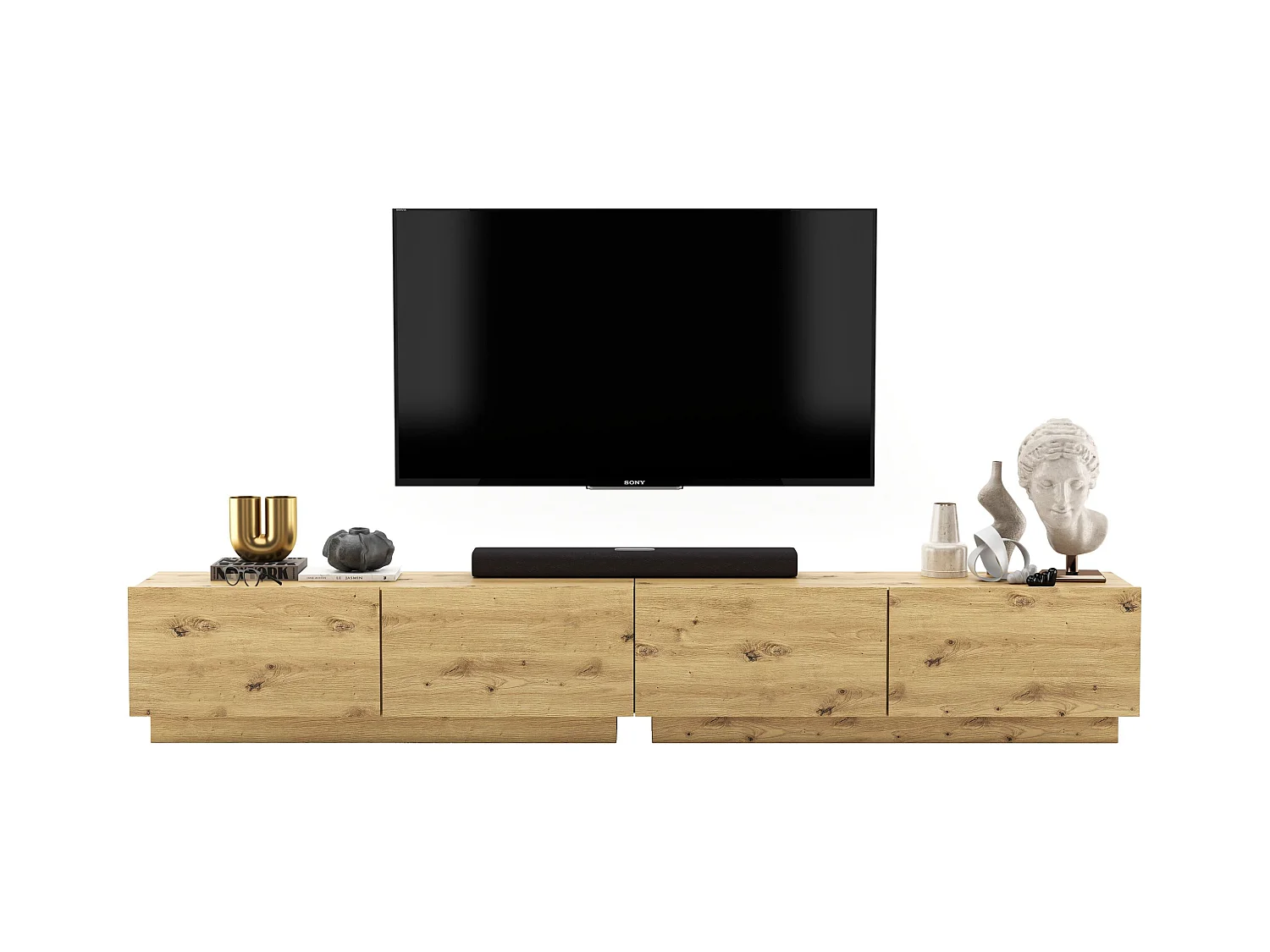 Meuble TV avec 4 portes - corps Artisan Chêne mat, façades Artisan Chêne mat - 240 cm, sur socle