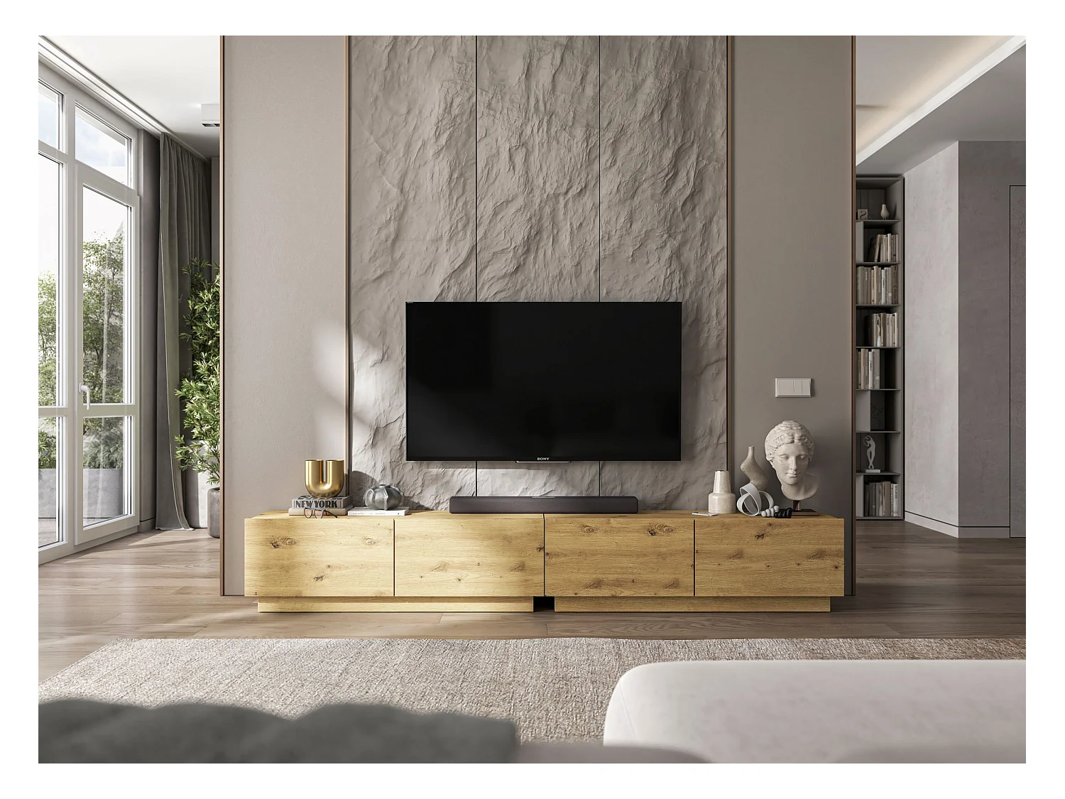 Meuble TV avec 4 portes - corps Artisan Chêne mat, façades Artisan Chêne mat - 240 cm, sur socle