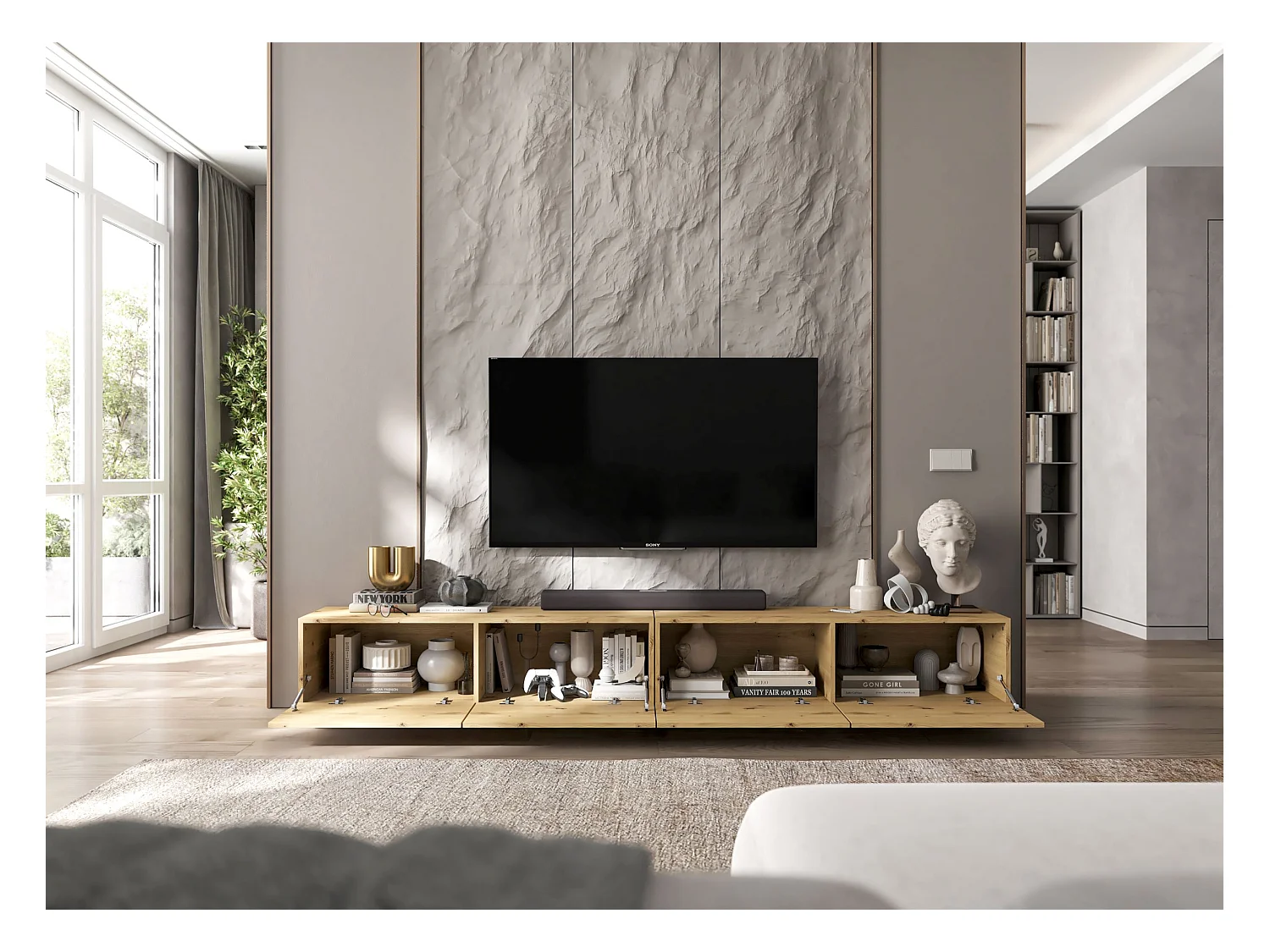 Meuble TV avec 4 portes - corps Artisan Chêne mat, façades Artisan Chêne mat - 240 cm, sur socle