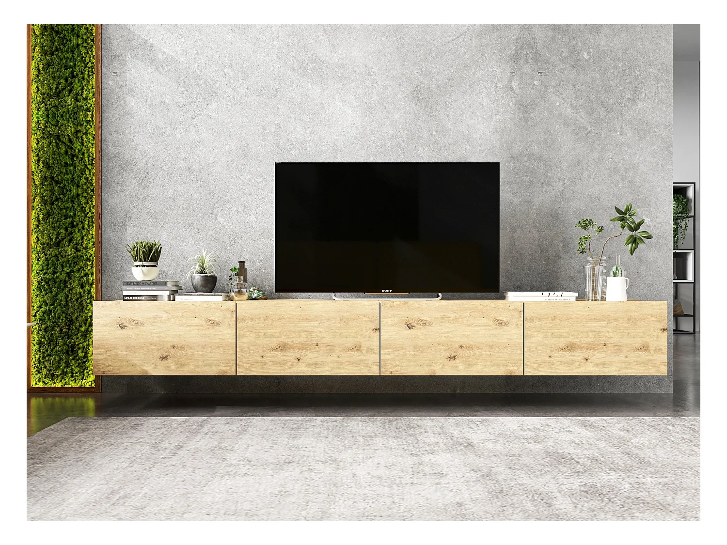 Meuble TV avec 4 portes - corps Artisan Chêne mat, façades Artisan Chêne mat - 240 cm, sur socle