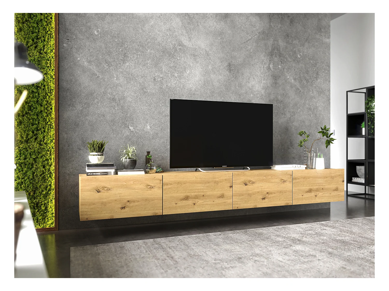 Meuble TV avec 4 portes - corps Artisan Chêne mat, façades Artisan Chêne mat - 240 cm, sur socle