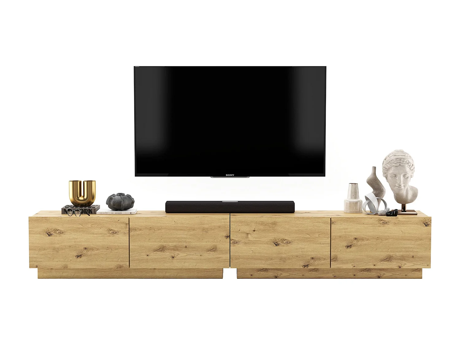 Meuble TV avec 4 portes - corps Artisan Chêne mat, façades Artisan Chêne mat - 240 cm, sur socle