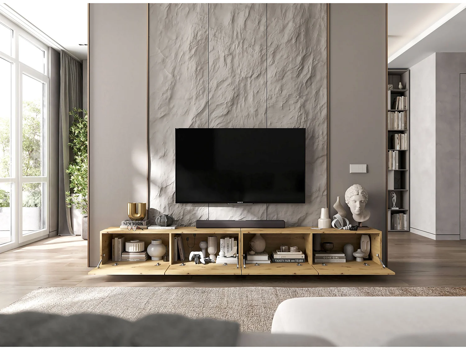 Meuble TV avec 4 portes - corps Artisan Chêne mat, façades Artisan Chêne mat - 240 cm, sur socle