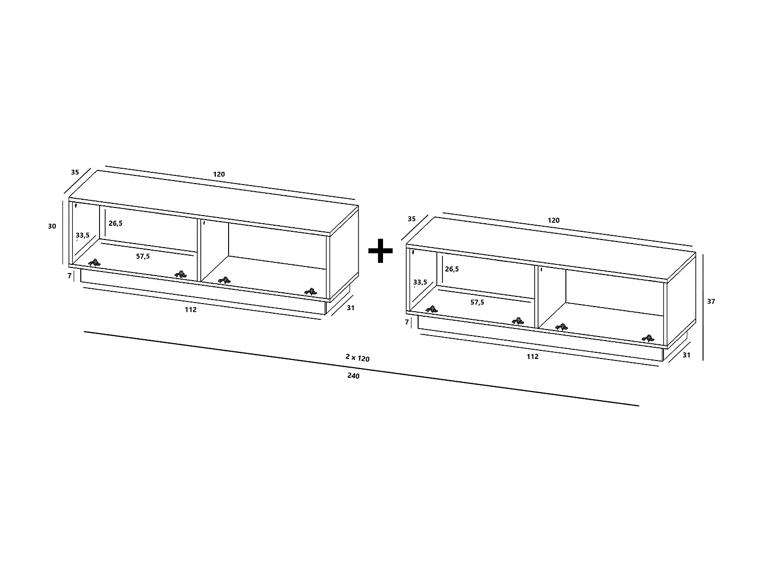 Meuble TV avec 4 portes - corps Artisan Chêne mat, façades Artisan Chêne mat - 240 cm, sur socle
