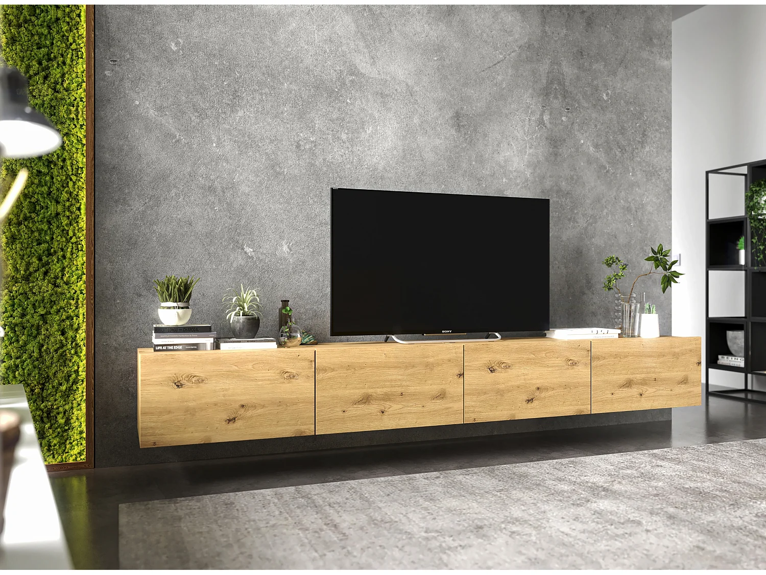 Meuble TV avec 4 portes - corps Artisan Chêne mat, façades Artisan Chêne mat - 240 cm, sur socle