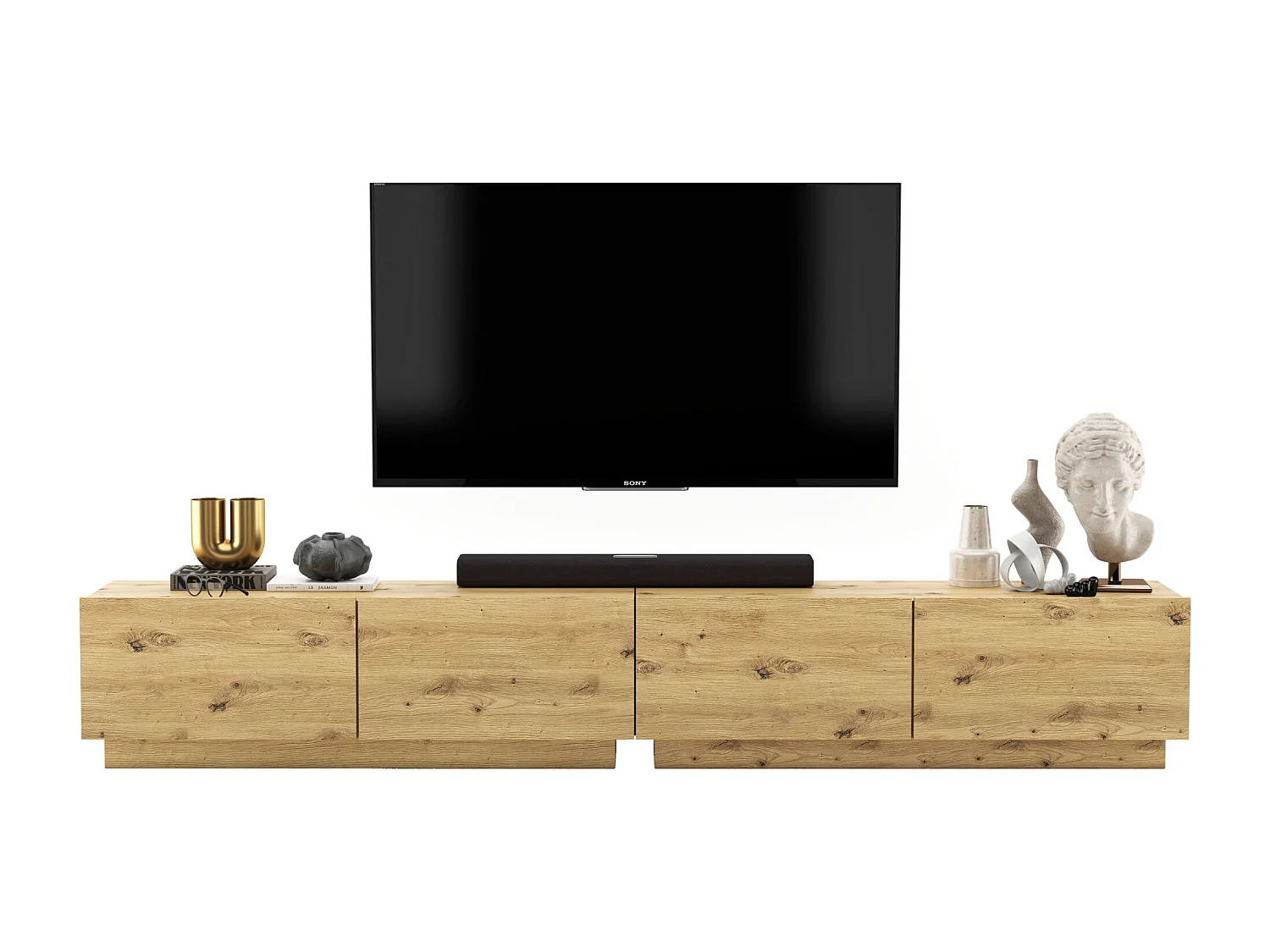 Meuble TV avec 4 portes - corps Artisan Chêne mat, façades Artisan Chêne mat - 240 cm, sur socle