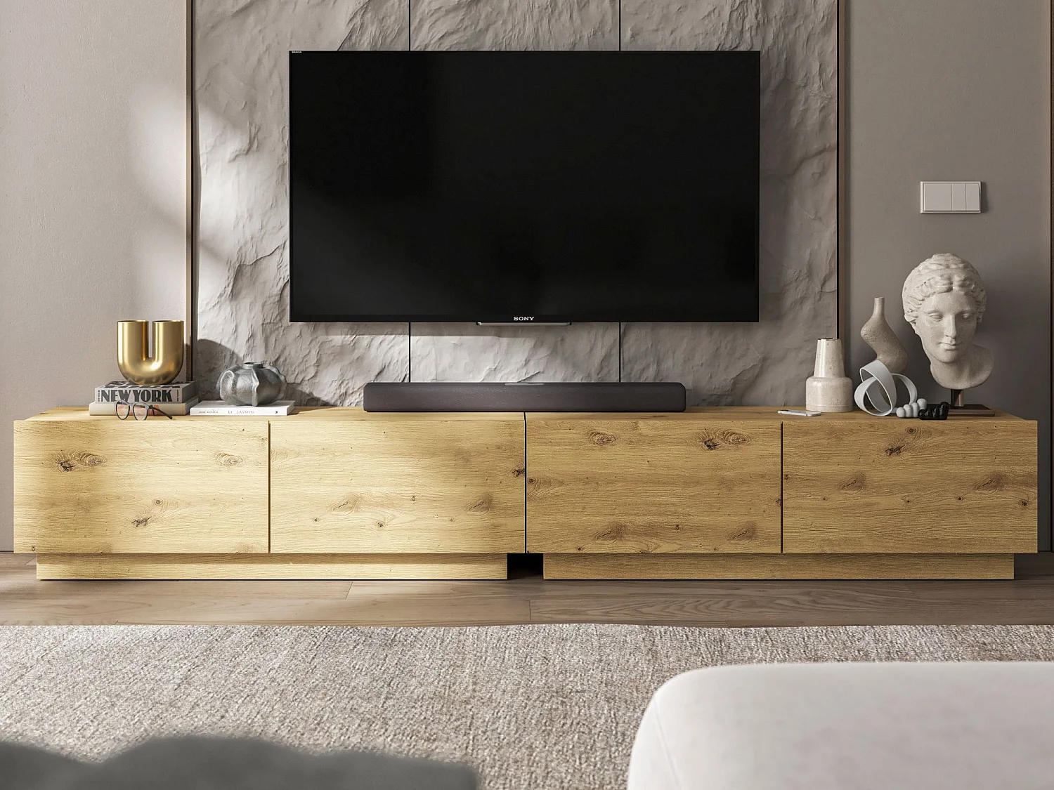 Meuble TV avec 4 portes - corps Artisan Chêne mat, façades Artisan Chêne mat - 240 cm, sur socle